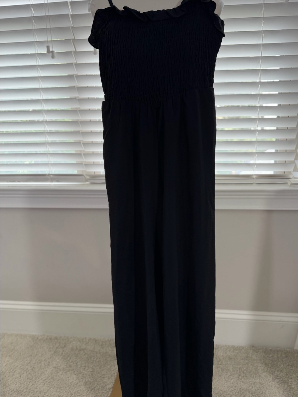 Black Smocked Ruffle Neck Maxi Dress
